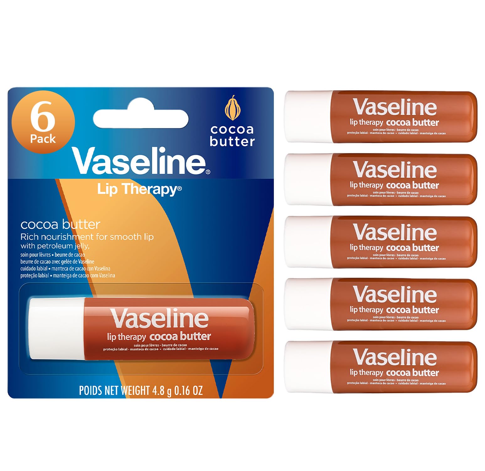 Vaseline Lip Therapy Cocoa Butter Lip Balm, 6 Pack