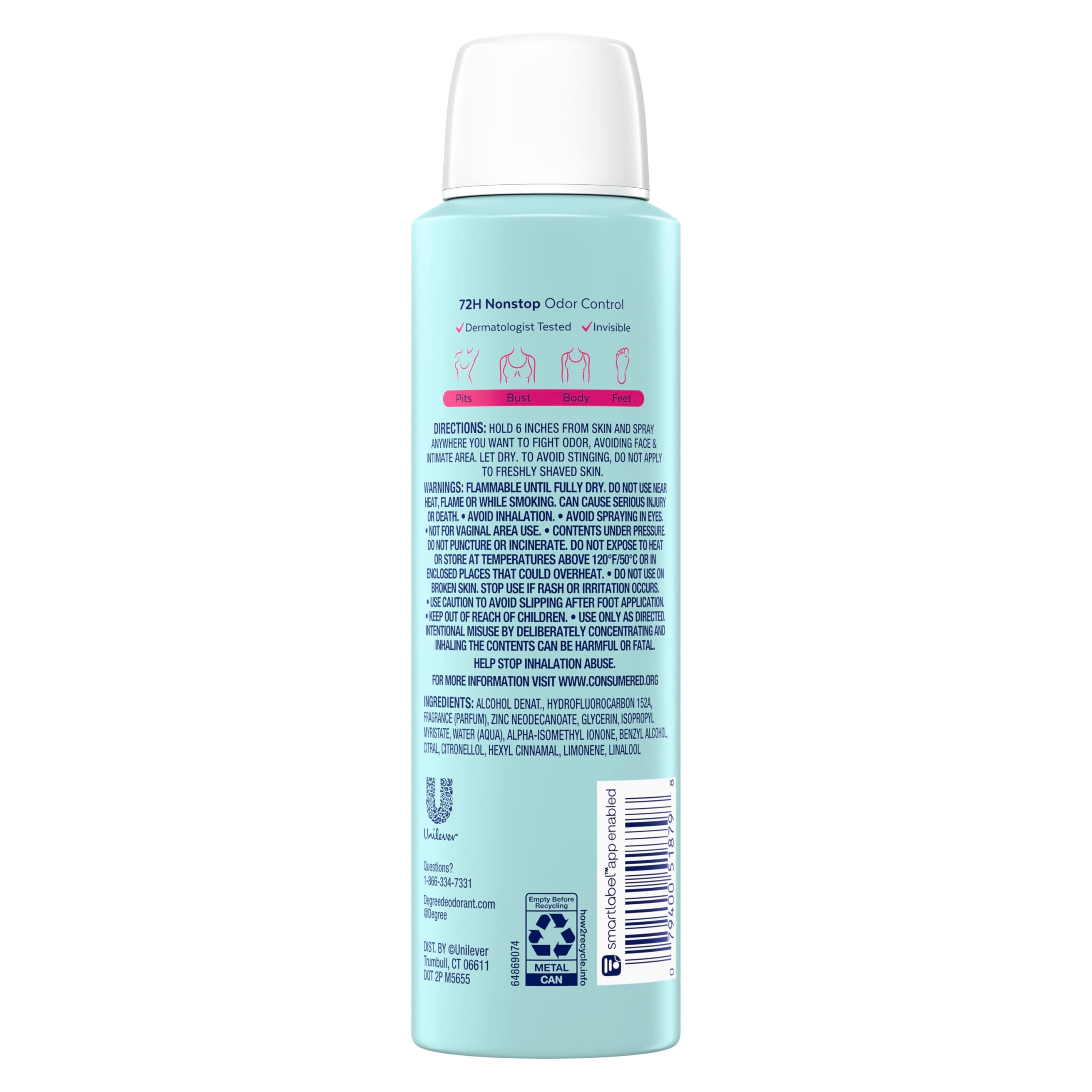 Degree Women Whole Body Deodorant Spray, Rose & Waterlily Scent, Aluminum Free 72H Odor Protection 4 oz