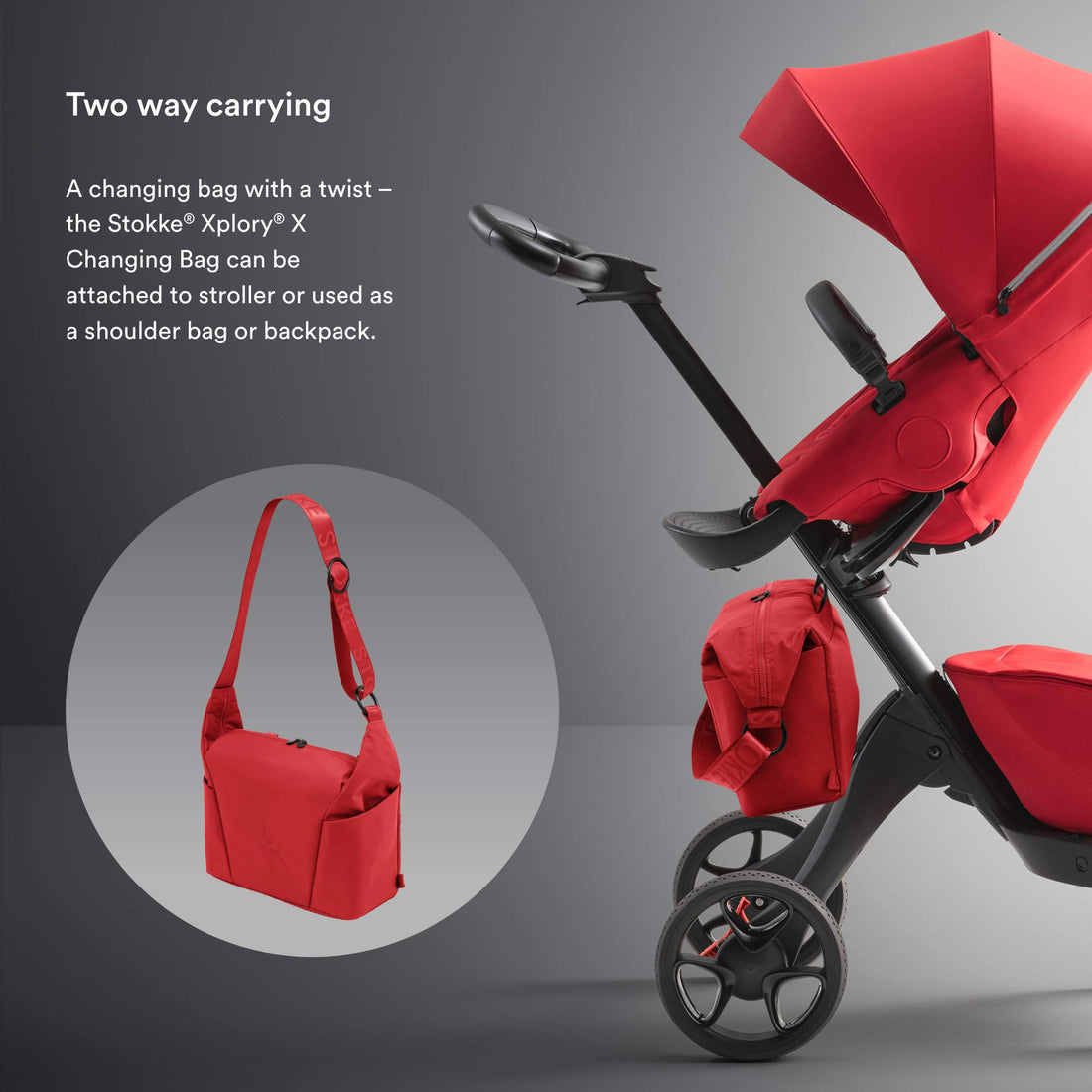 Stokke Xplory X Changing Bag, Ruby Red - Doubles As Shoulder Bag or Backpack - Includes Foldable Changing Mat - UPF 50+, Water Repellent, Easy to Clean