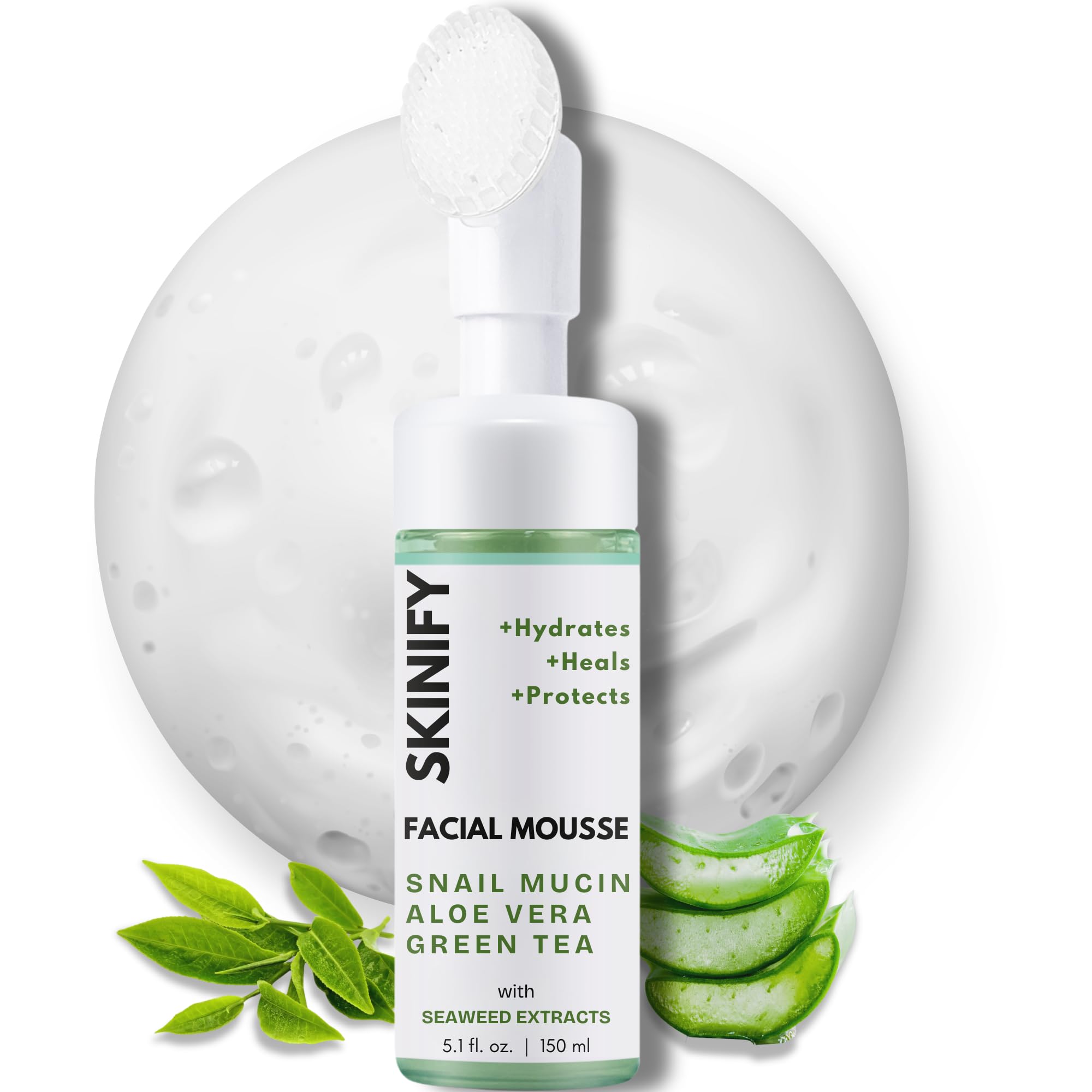 SKINIFY Glass-Skin Snail Mucin Facial Foam Cleanser w/Exfoliator – Ultra Hydration with Aloe Vera, Green Tea & Seaweed – All Skin Types Men & women – Deeply Hydrates, Detoxifies & Protects (5.1 Oz)