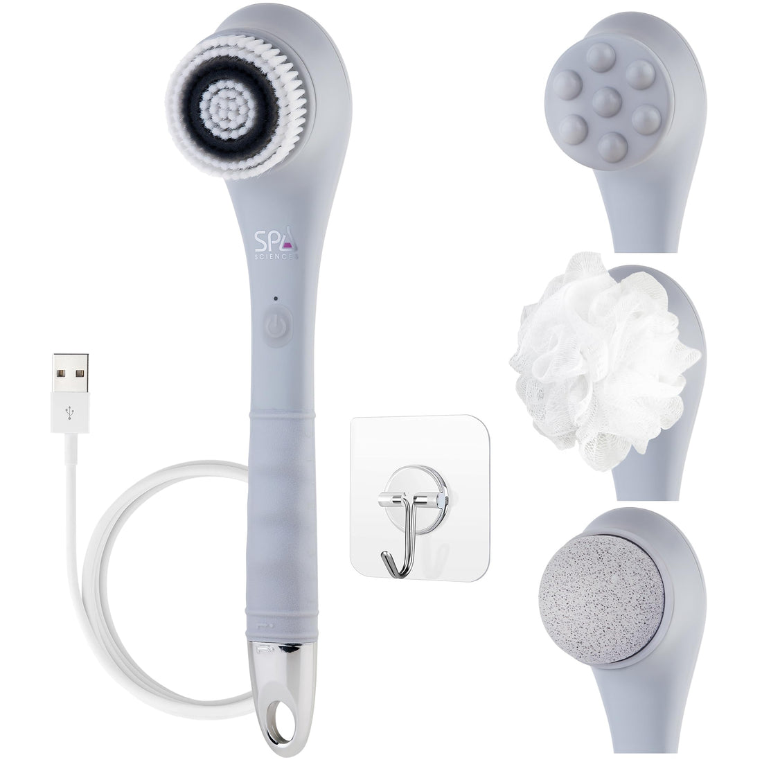 Spa Sciences NERA Shower Body Brush - 4-in-1 Multifunction Treatment - for Improved Exfoliation, Cleansing, Massaging - Includes Body Brush, Loofah, Pumice Stone, Massage Head - All Skin Types