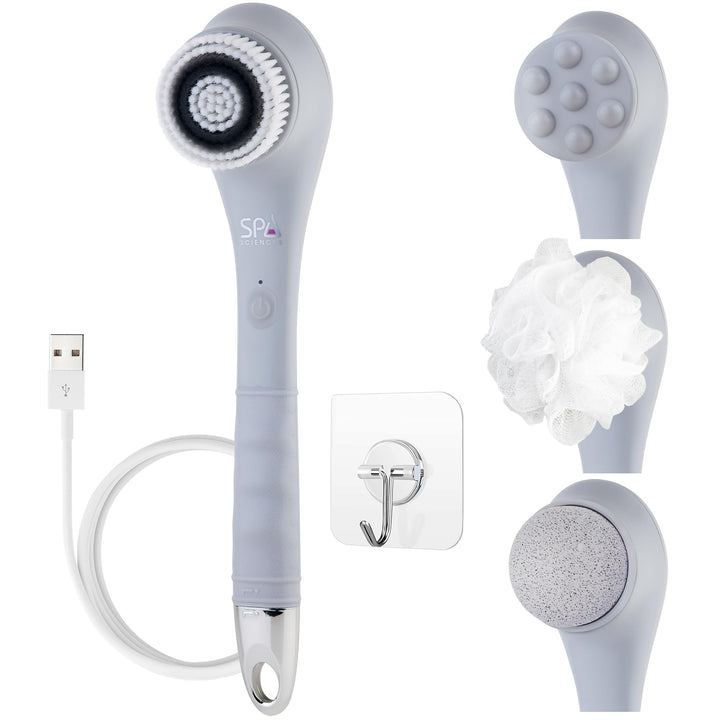 Spa Sciences NERA Shower Body Brush - 4-in-1 Multifunction Treatment - for Improved Exfoliation, Cleansing, Massaging - Includes Body Brush, Loofah, Pumice Stone, Massage Head - All Skin Types