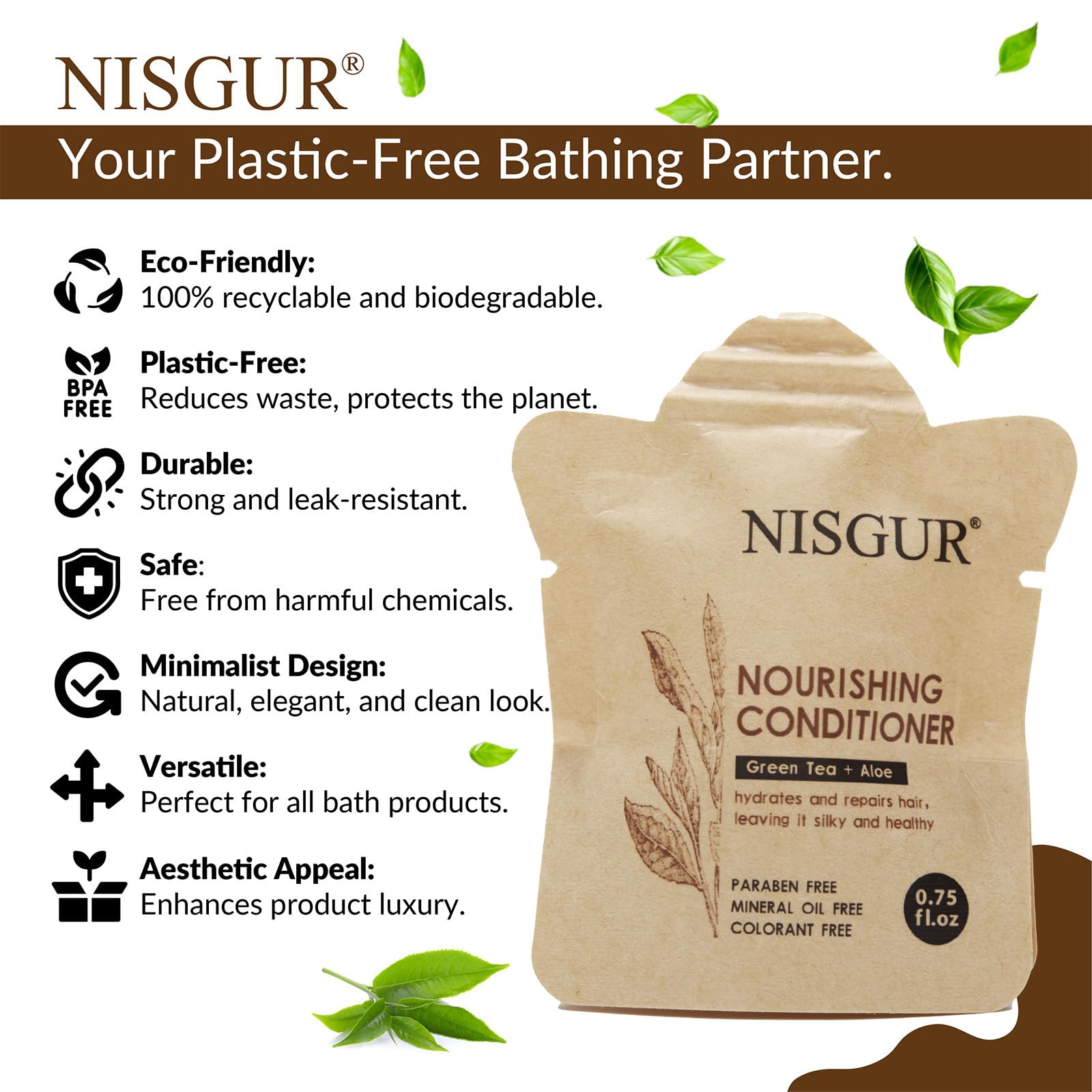 NISGUR Hotel Conditioner Bulk 0.75 oz 100 Pack Non Plastic Travel Size Conditioner Paper Pouch Packed Aloe and Green Tea Extract Infused