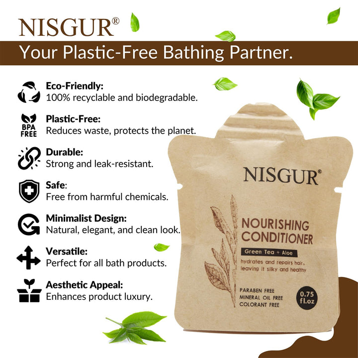 NISGUR Hotel Conditioner Bulk 0.75 oz 100 Pack Non Plastic Travel Size Conditioner Paper Pouch Packed Aloe and Green Tea Extract Infused