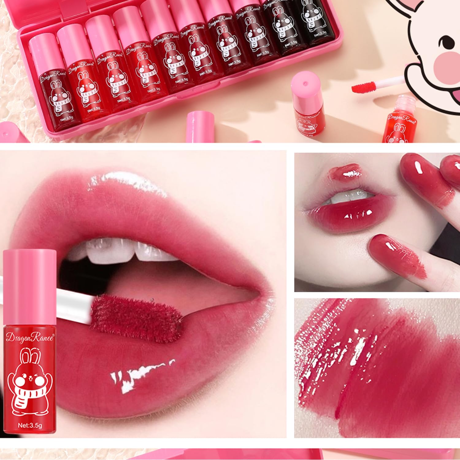 Eakroo 10 Colors Lip Tint Stain Set, Korean Lip Gloss Watery Lip Stain Tint Moisturizing Mini Liquid Lipstick Set, Multi-Use Lip and Cheek Tint, Non-Stick Cup, High Pigment, Long-Lasting, Vivid Color