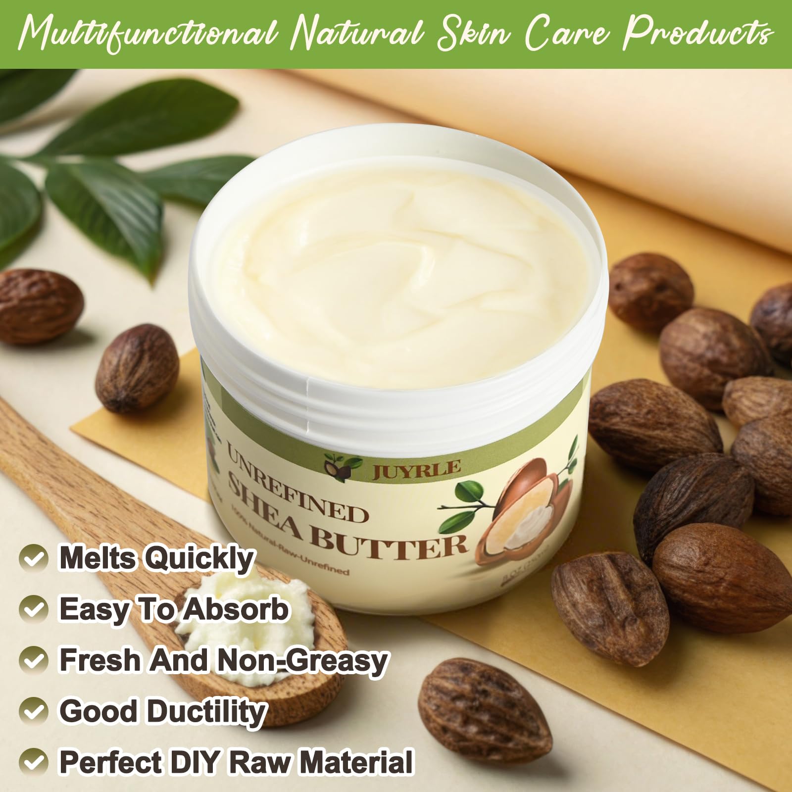 JUYRLE Shea Butter Raw Organic- Pure & Raw Virgin Unrefined, African Shea Butter for Hair, Extremely Dry Skin, DIY Whipped Moisturizing Body Lotion, Body Butter for Women and Men- 8oz