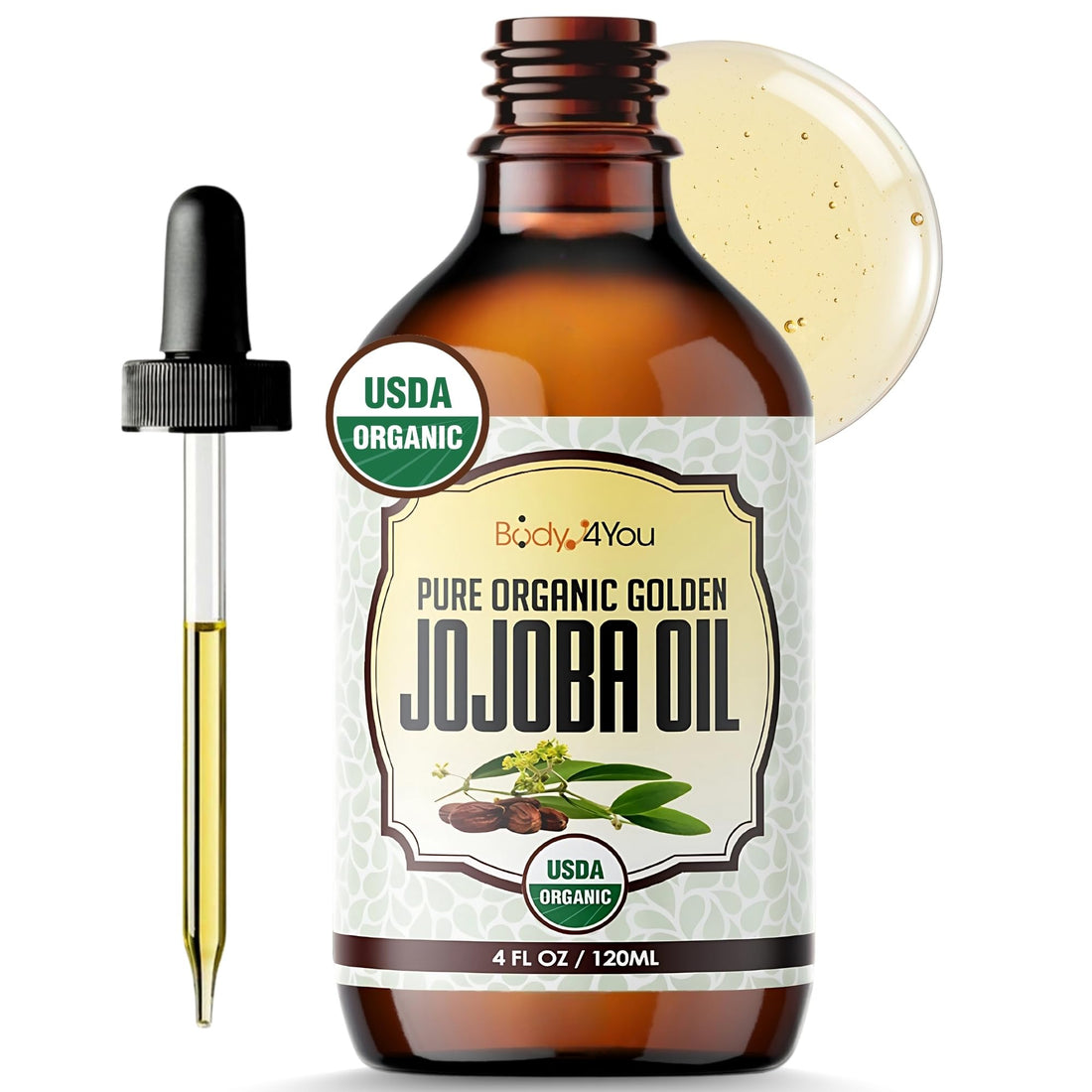 BodyJ4You Organic Jojoba Oil - Moisturise Hair Soothe Skin Protect Restore Healthy Glow - USDA 100% Pure Natural Unrefined Conditioner Wax - Unisex All Hair Types - Dropper Cap 4 Fl Oz