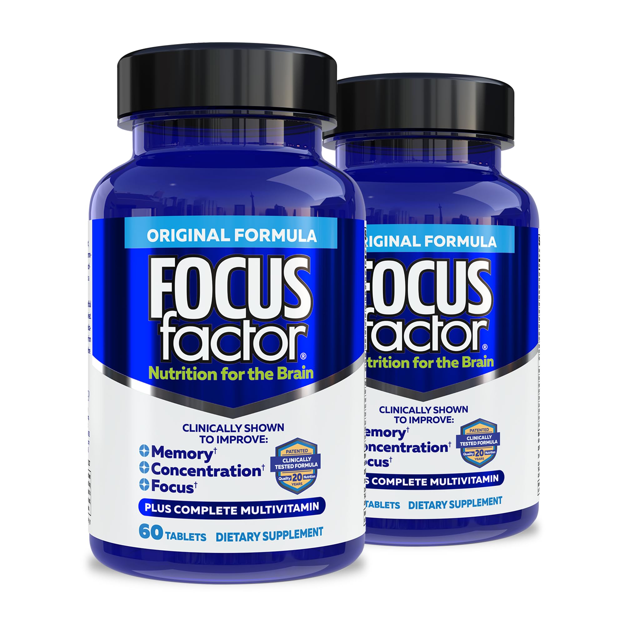 Focus Factor Nutrition for The Brain, Improved Memory & Concentration Brain Supplement, Complete Multivitamin with Vitamins B6, B12, D, Bacopa Monnieri & Tyrosine, 60 Count (2 Pack)