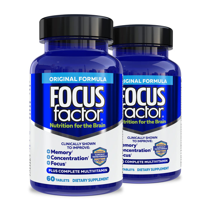 Focus Factor Nutrition for The Brain, Improved Memory & Concentration Brain Supplement, Complete Multivitamin with Vitamins B6, B12, D, Bacopa Monnieri & Tyrosine, 60 Count (2 Pack)