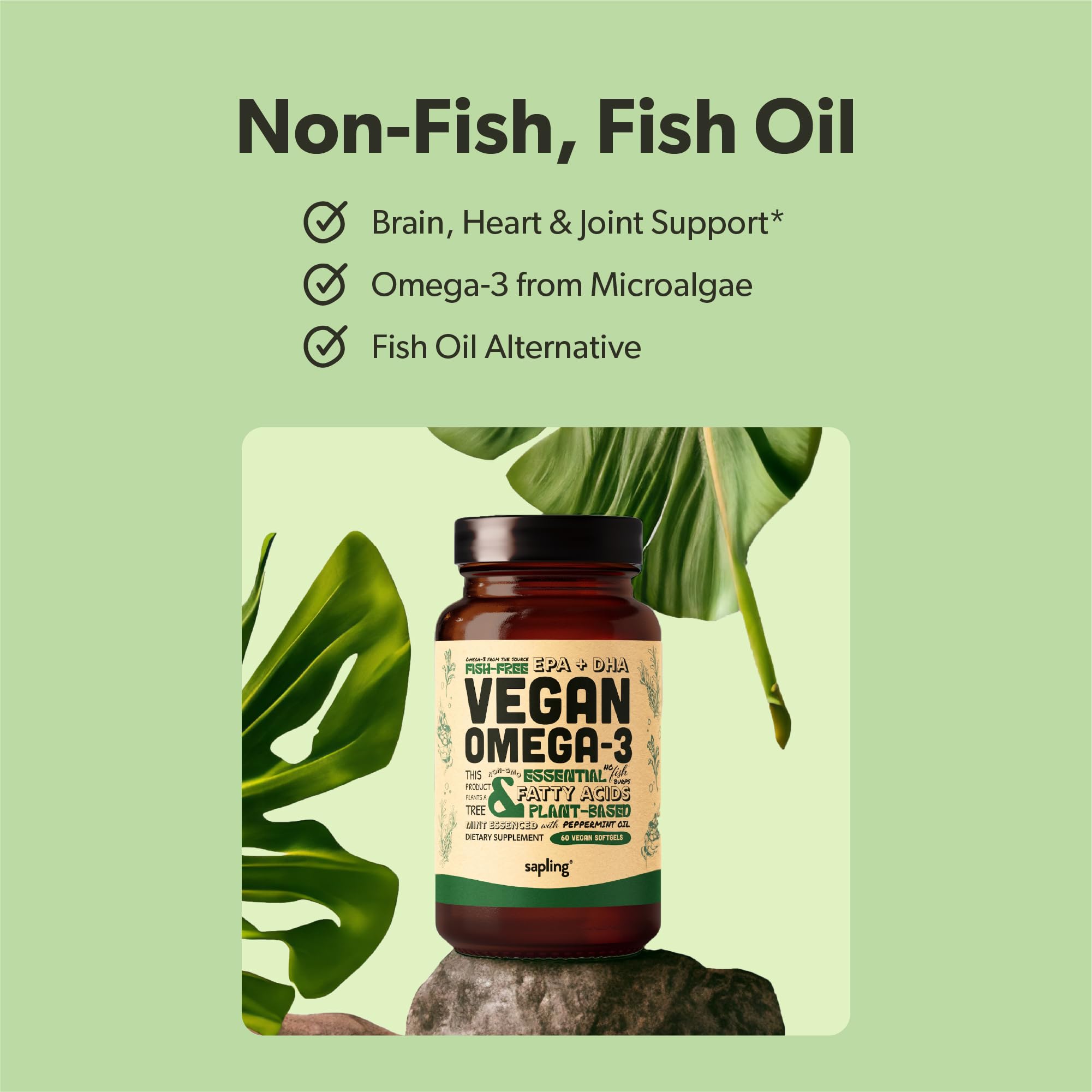 Vegan Omega 3 Supplement - Plant Based DHA & EPA Fatty Acids - Carrageenan Free, Alternative to Fish Oil, Supports Heart, Brain, Joint Health - Sustainably Sourced Algae - 60 Softgels