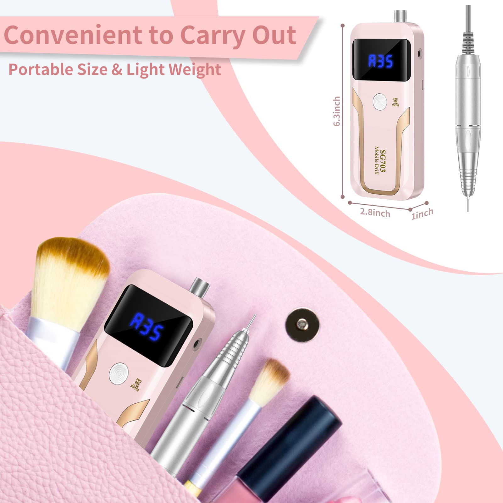 Portable Nail Drill Professional 35000 RPM, MOCOWIND Rechargeable Electric Nail File Machine E File for Acrylic Gel Polishing Removing, Cordless E-File with Bits Kit for Manicure Salon Home,Pink