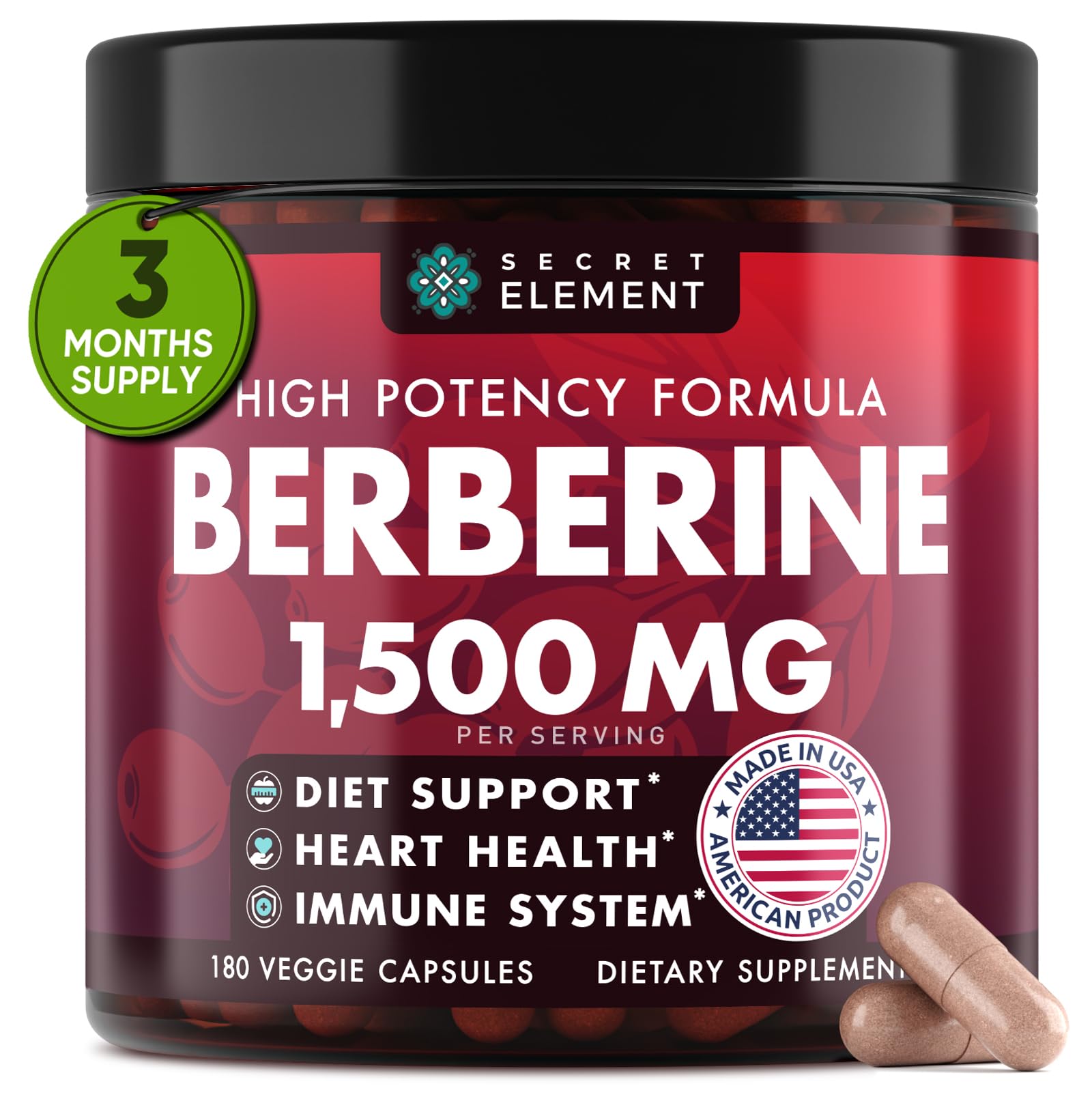 Berberine HCL Supplement 1500 mg Capsules, High Potency Formula with Beet Root, Citrus Bergamot & Black Currant, Non-GMO, Vegan, 180 Capsules
