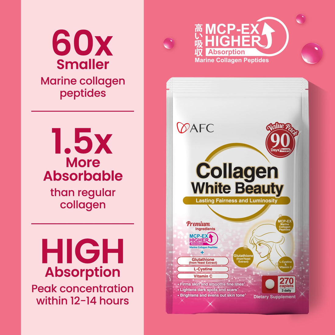 AFC Japan Collagen White Beauty with Marine Collagen Peptide, Glutathione, L-Cystine - 1.5X Better Absorption Than Other Collagen – for Skin Firmness & Whitening– 90 Days Supply's