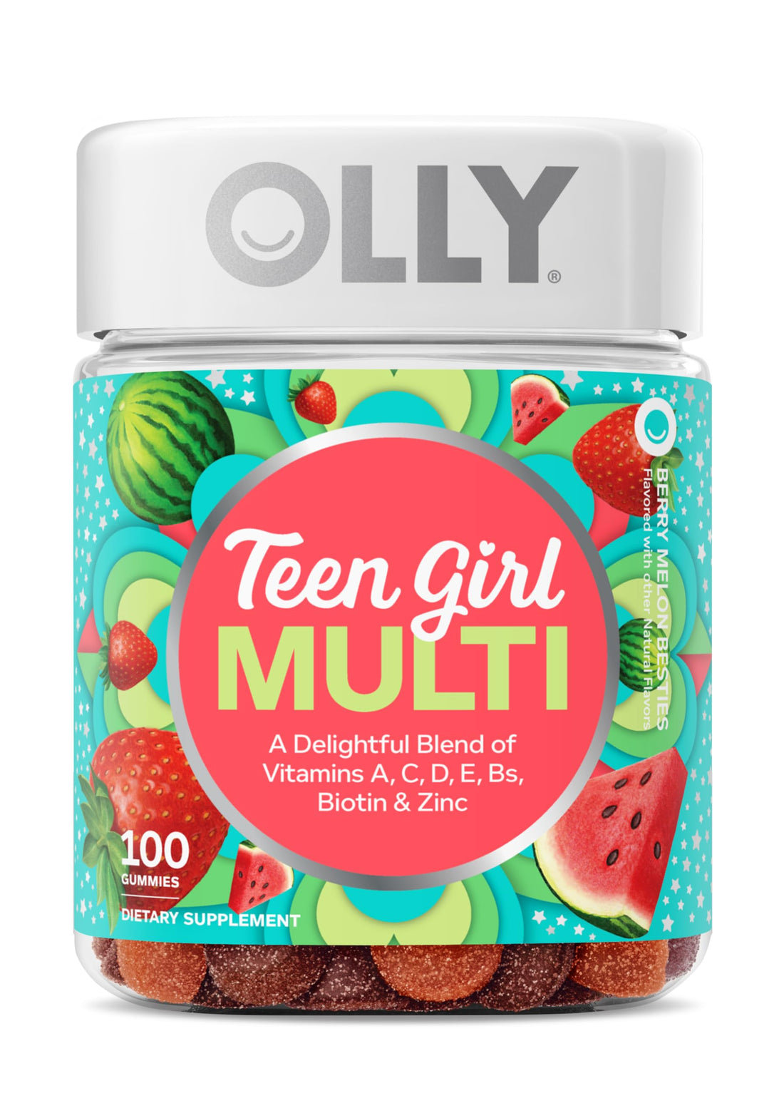 OLLY Teen Girl Multi Gummy, Healthy Skin and Immune Support*, Essential Vitamins, Biotin, Zinc, Chewable Multivitamin, Strawberry Melon Flavored, 50 Day Supply - 100 Count