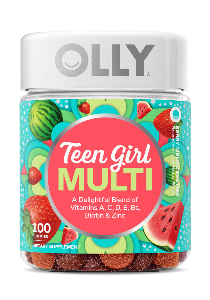 OLLY Teen Girl Multi Gummy, Healthy Skin and Immune Support*, Essential Vitamins, Biotin, Zinc, Chewable Multivitamin, Strawberry Melon Flavored, 50 Day Supply - 100 Count