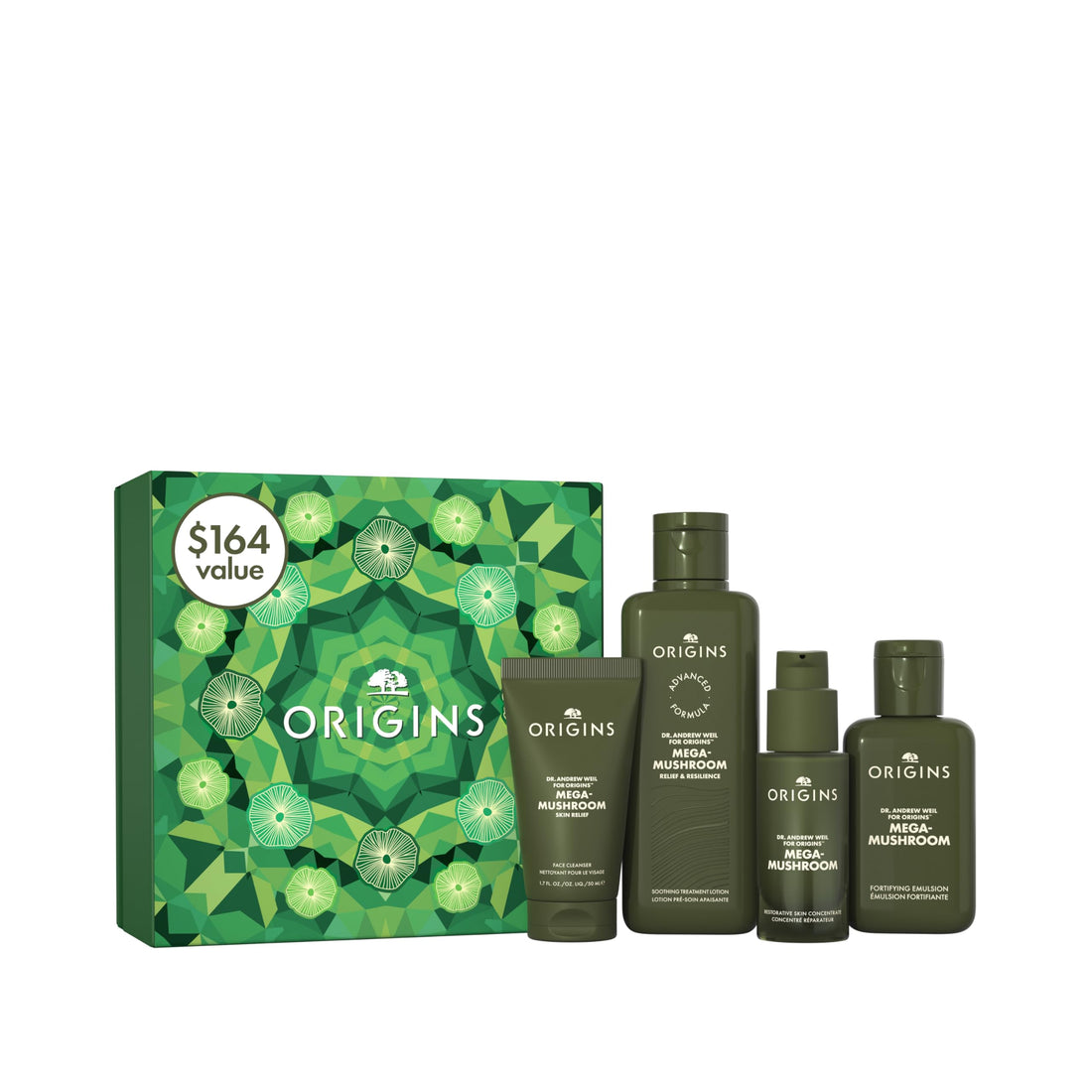 Origins 4-Piece Mega-Mushroom Skin Repair Skin Care Set | Includes Cleanser, Treatment Lotion, Restorative Concentrate & Moisturizer | Great for Sensitive Skin | With Hyaluronic Acid & Reishi Mushroom