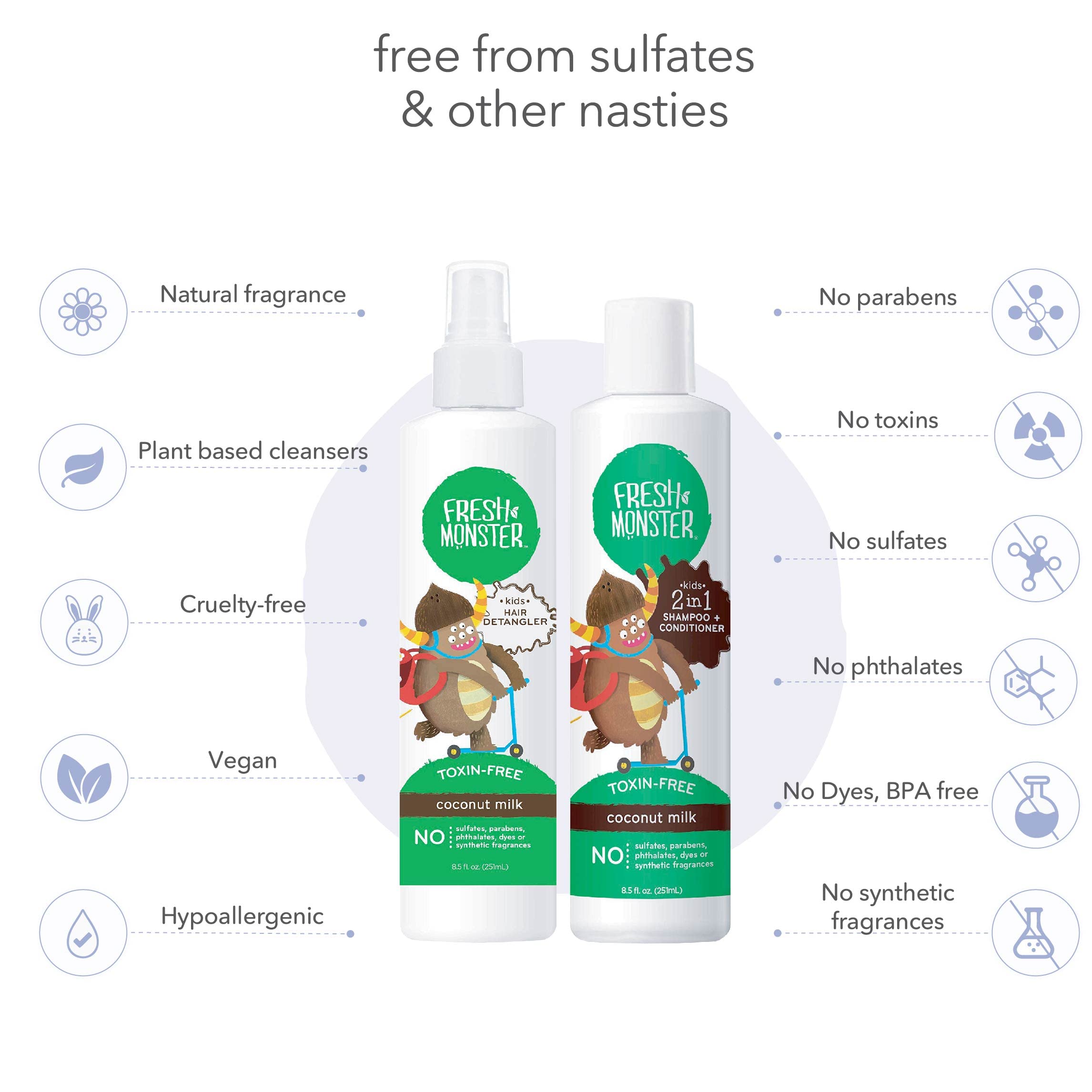 Fresh Monster Toxin-free Hypoallergenic Kids Detangler Spray & 2in1 Shamoo & Conditioner, Coconut, 2 Count, 8 oz