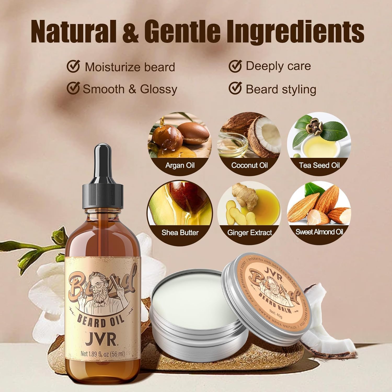 Beard Grooming Kit Gift for Men, Beard Care Kit with Beard Oil Refreshing Lemon Scent, Beard Balm Coconut Scent, Natural Boar Bristle Beard Brush, Smoothing Beard, Moisture & Adds Shine & Styling