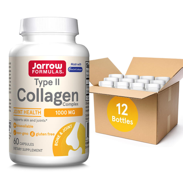 Jarrow Formulas Type II Collagen Complex 1000 mg Supplements, Supports Skin and Joint Health, 60 Capsules, 30 Day Supply(Pack of 12)