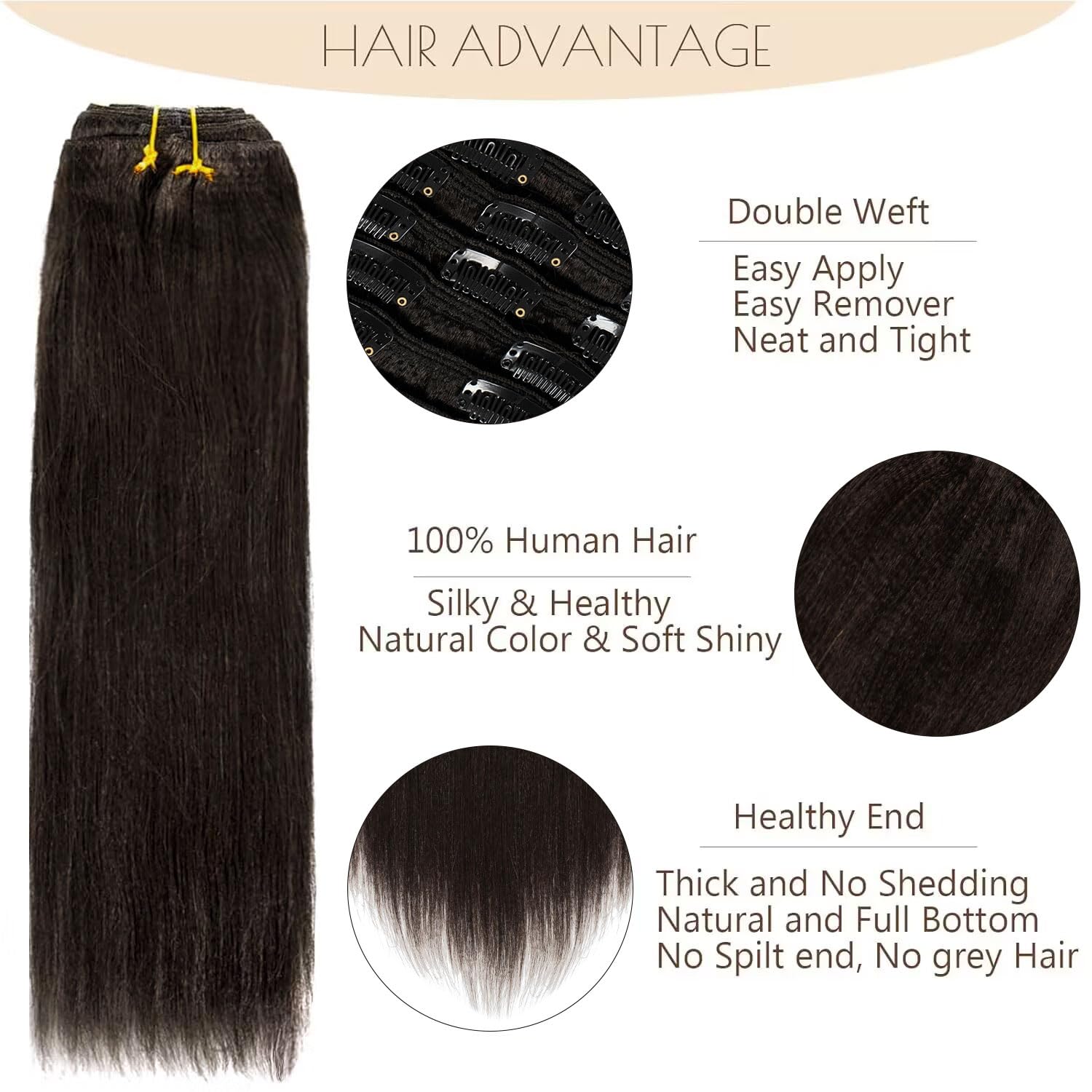 Italian Yaki Straight Hair Clip In Hair Extensions 100% Real Remy Human Hair 8A Grade Thick Virgin Hair Clip Ins 4C African Americans Full Head Natural Color For Black Women 7pcs/set 120g/set 10 Inch
