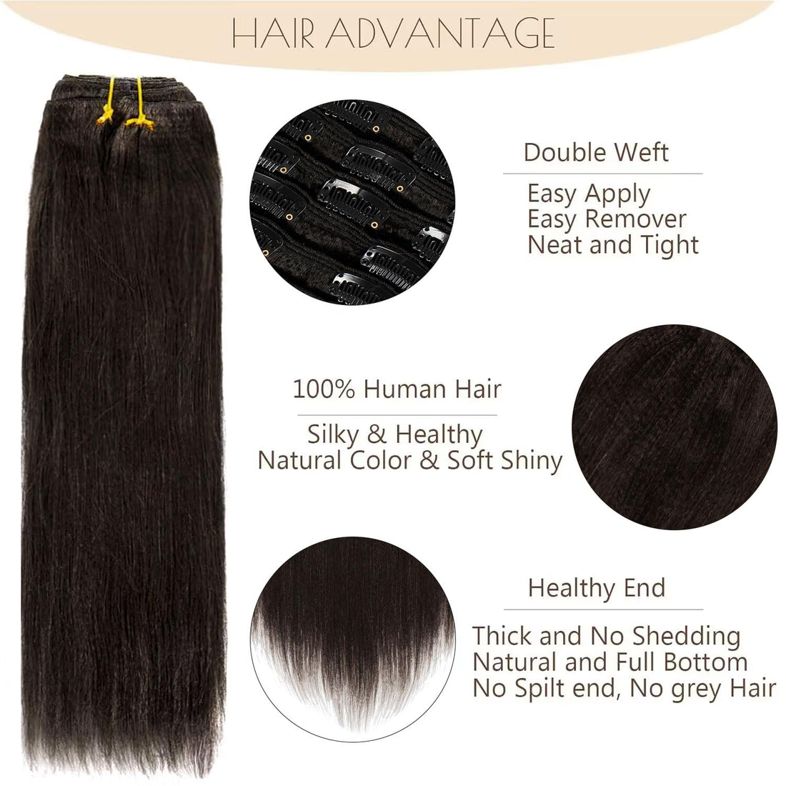 Italian Yaki Straight Hair Clip In Hair Extensions 100% Real Remy Human Hair 8A Grade Thick Virgin Hair Clip Ins 4C African Americans Full Head Natural Color For Black Women 7pcs/set 120g/set 10 Inch