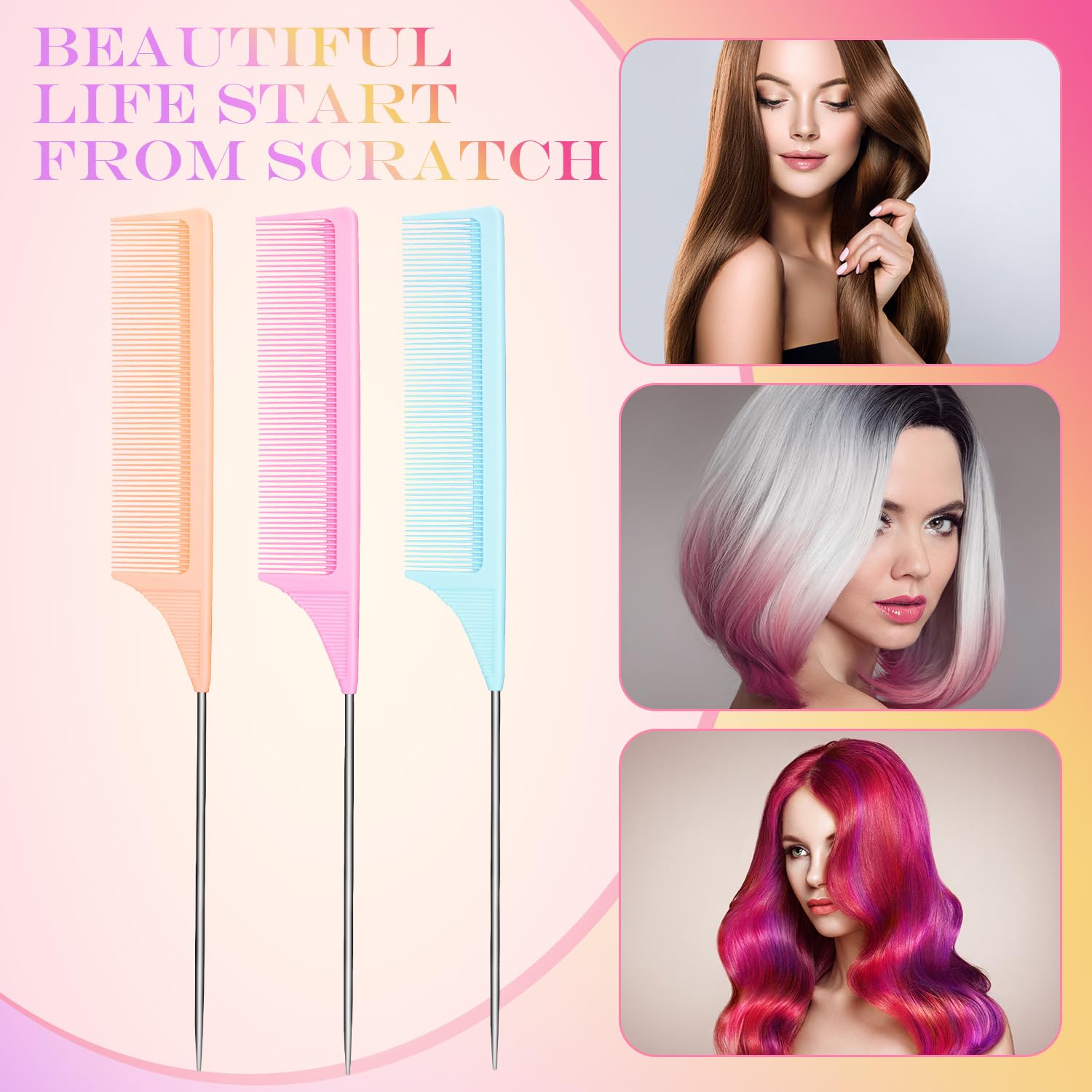 3 Packs Rat Tail Comb Steel Pin Rat Tail Carbon Fiber Heat Resistant Teasing Combs with Stainless Steel Pintail (Light Blue, Light Pink, Light Purple)