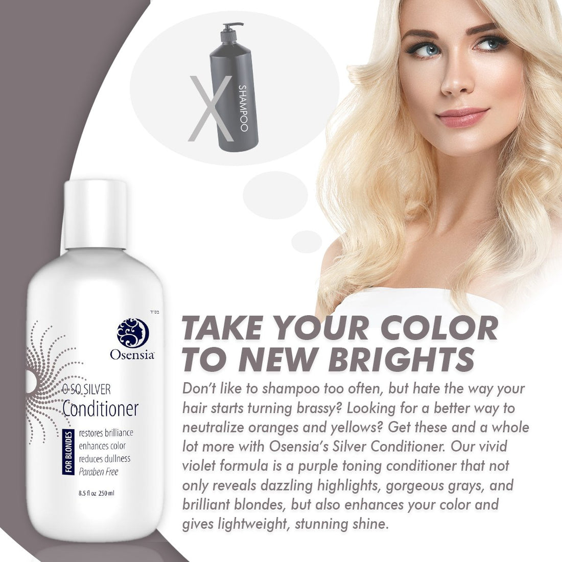 Silver Conditioner for Brassy Hair - Toning Purple Conditioner - Paraben Free Blonde Treatment for Highlights, Platinum, Bleached, and Gray Hair - Grape Seed Hydrates and Brightens Color by Osensia