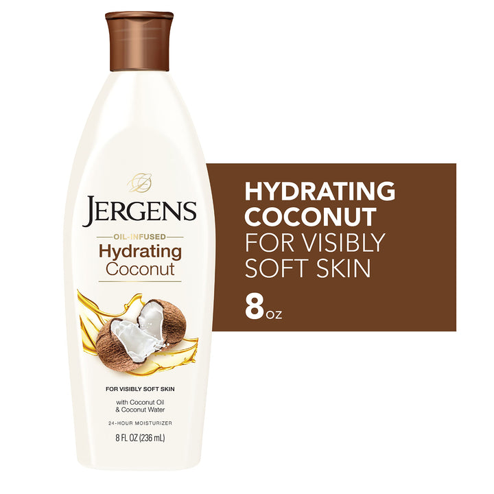 Jergens Hydrating Coconut Body Moisturizer, Infused with Coconut Oil and Water for Long-Lasting Moisture, Hydrates Dry Skin Instantly, 8 Ounce, Dermatologist Tested (Packaging May Vary)
