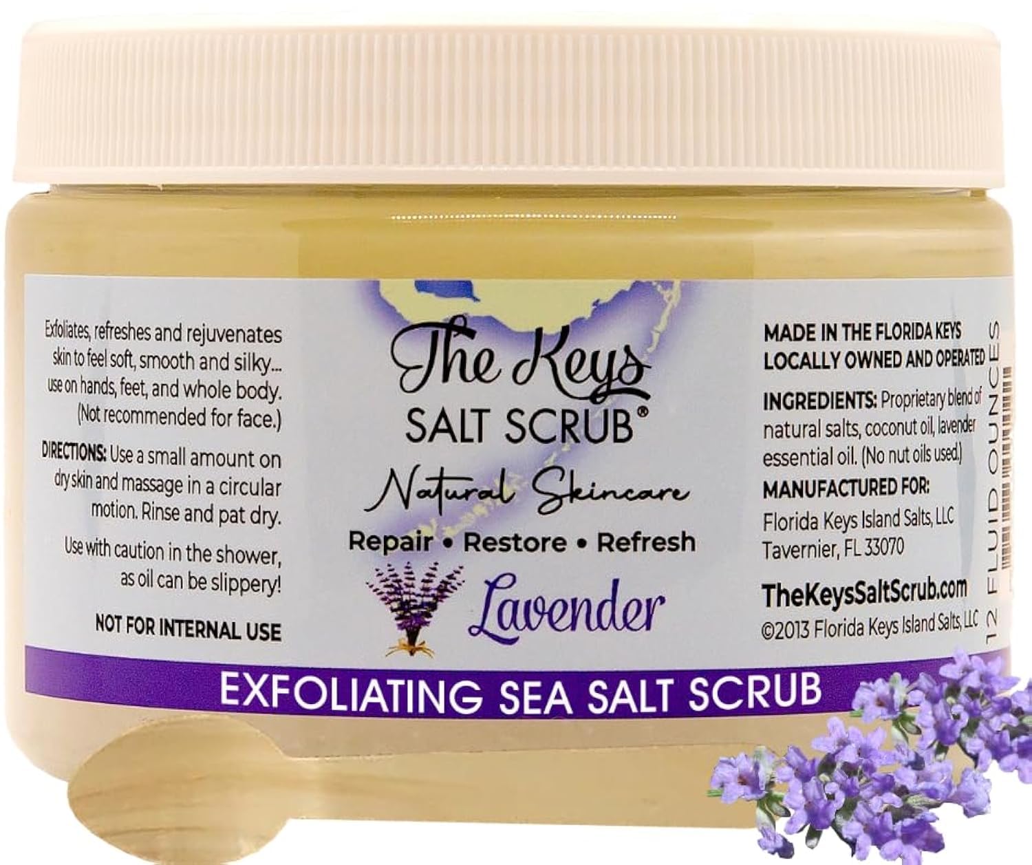 The Keys Salt Scrub - Lavender Sea Salt Scrub - Exfoliating Body Scrub with Wooden Spoon - Moisturizing Exfoliator for Face, Hands, Foot, Bath, Manicure & Pedicure, and Bikini Area Skin Care (12 oz.)