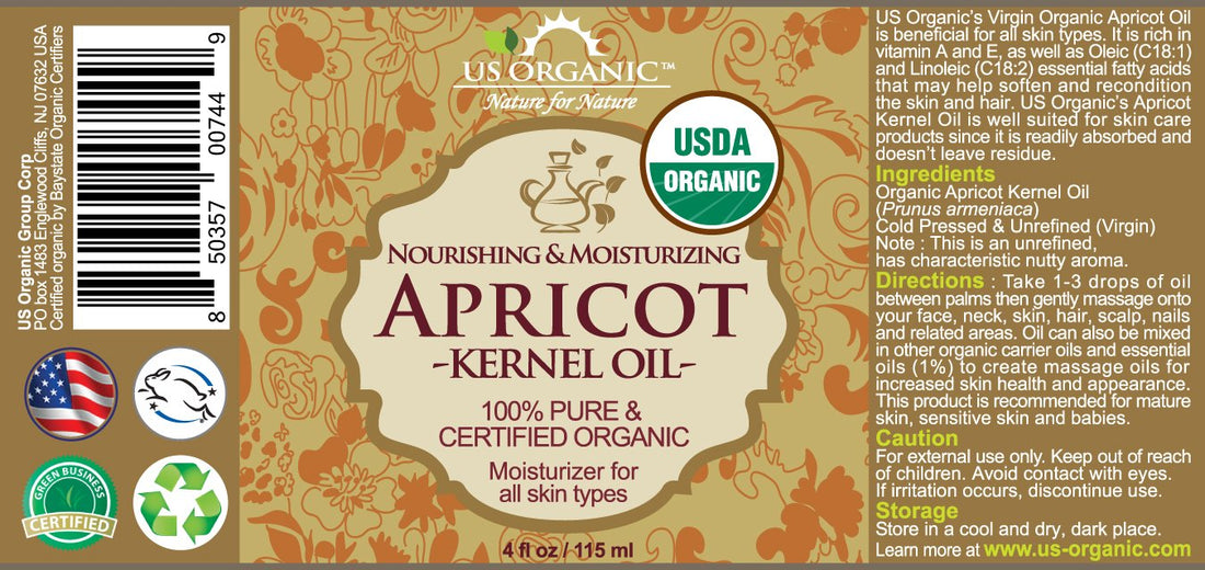 US Organic Apricot Kernel Oil, USDA Certified Organic,100% Pure & Natural, Cold Pressed Virgin, Unrefined in Amber Glass Bottle w/ Glass Eyedropper for Easy Application (4 oz (115 ml))