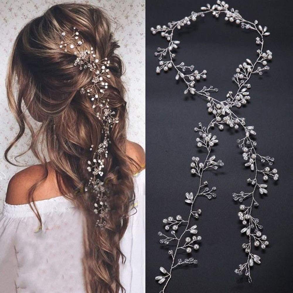 Deniferymakeup Bridal Rose Gold and Gold Silver Extra Long Pearl and Crystal Beads Bridal Hair Vine Wedding Head Piece Bridal Hair Accessories Headband Hair Jewelry Hair Accessories (Rose gold)