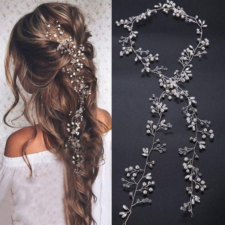 Deniferymakeup Bridal Rose Gold and Gold Silver Extra Long Pearl and Crystal Beads Bridal Hair Vine Wedding Head Piece Bridal Hair Accessories Headband Hair Jewelry Hair Accessories (Gold)