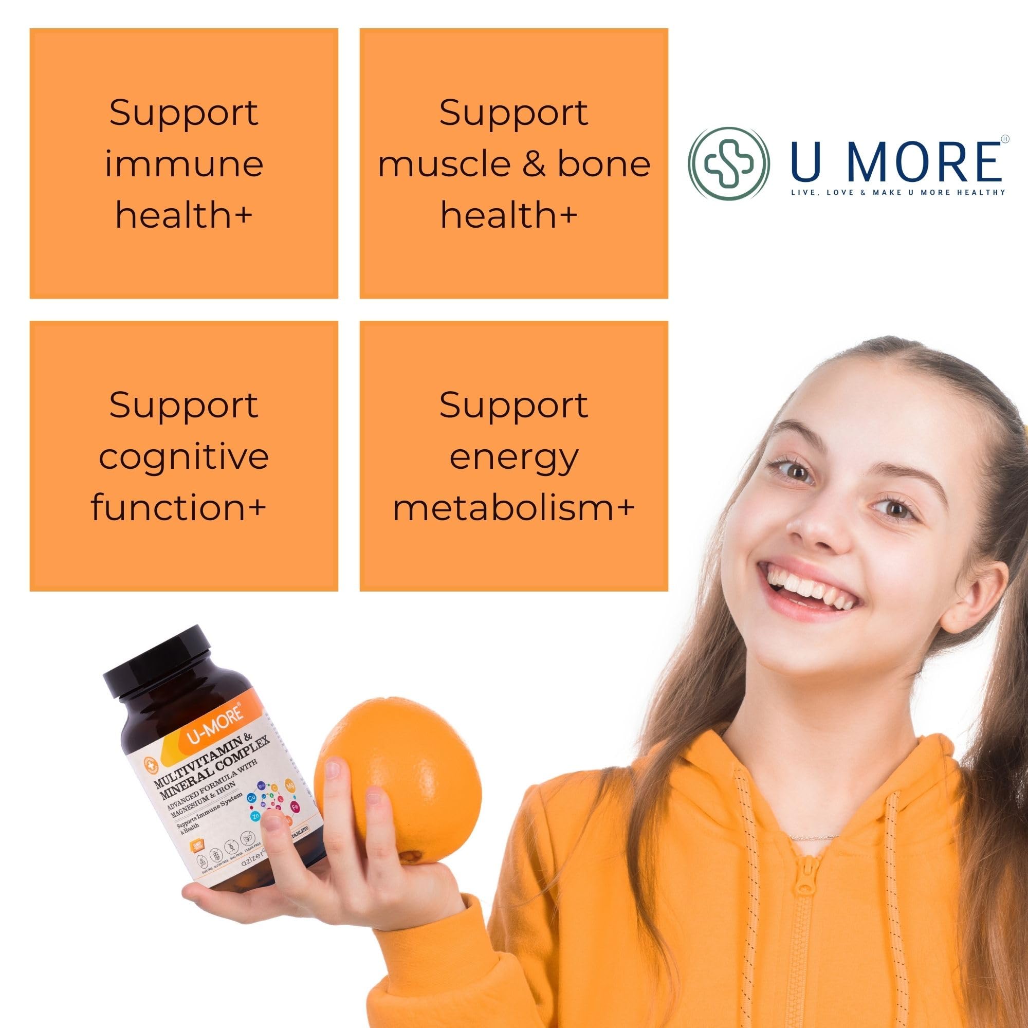 U-MORE Multivitamin & Mineral Complex, Vegan, Sugar-Free, Gluten-Free, Calcium, Magnesium, Vitamin A, B1, B2, B5, B6, B12, D3, K, C, Iron, Zinc, Supports Immune System & Overall Health - 60 Tablets