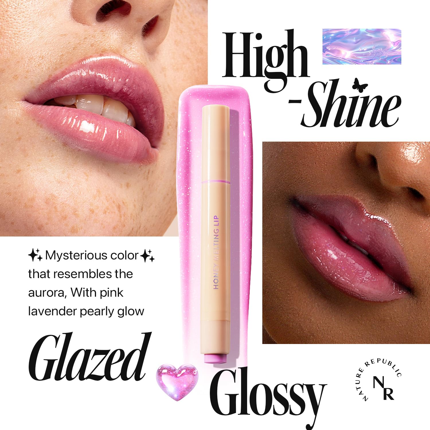 Nature Republic HONEY MELTING LIP GLITTER (13 AURORA) SOFT LIP STICK Hydrating Gloss, Moisturizing balms, Shine Glimmer Finish, Shimmery-Sheer tint, korean make up
