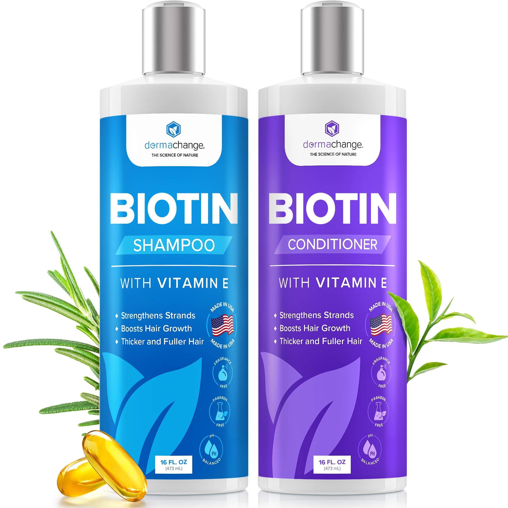 DermaChange Biotin Shampoo and Conditioner Set - Hair Growth Shampoo and Conditioner for Men & Women - Shampoo Conditioner for Dry, Damage & thinning hair with Tea Tree, Manuka Honey & Rosemary 16oz