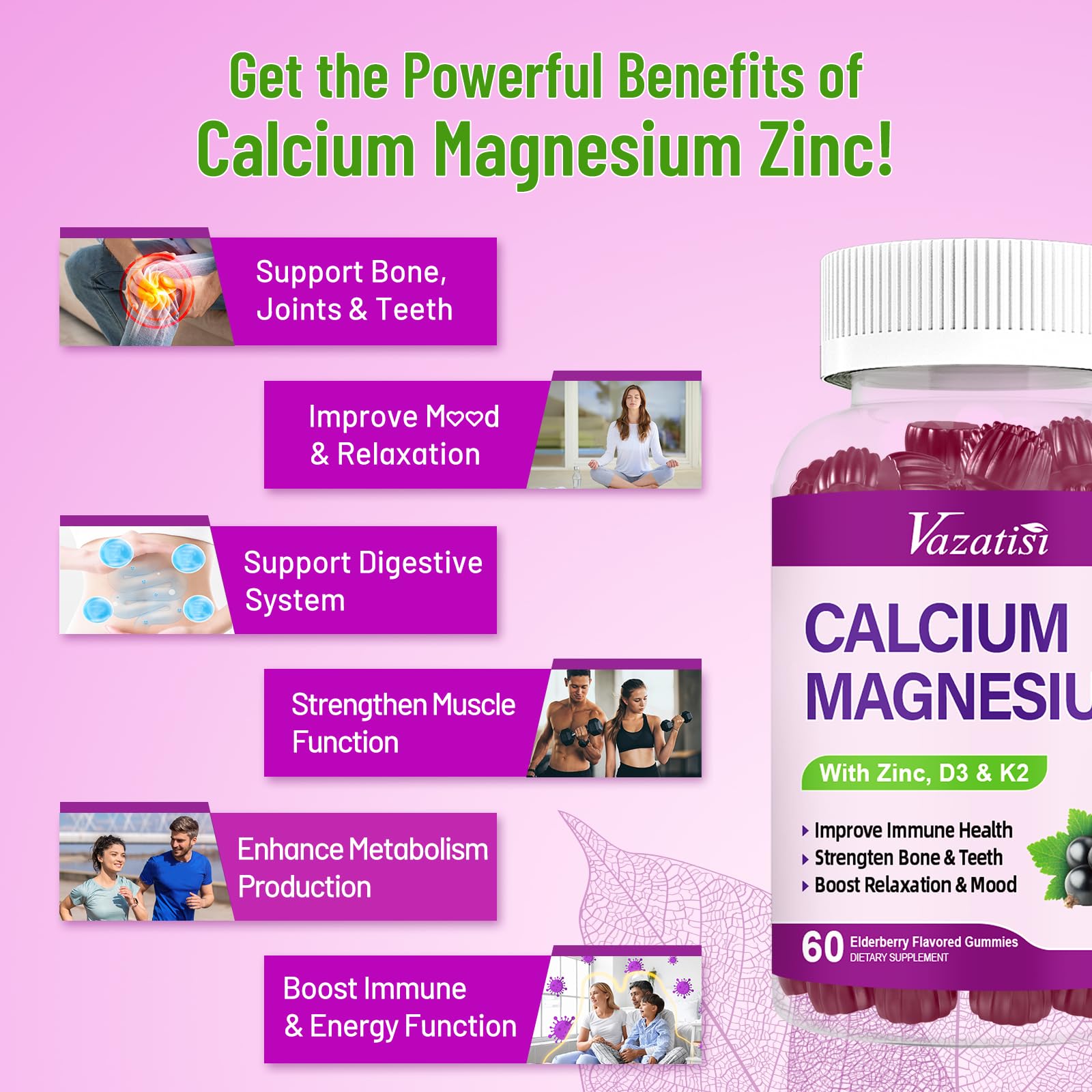Calcium Magnesium Zinc Gummies with Vitamin D3 and K2, High Absorption Magnesium Glycinate Potassium for Immune and Muscles, Vegan Elderberry Flavor 120 Gummies