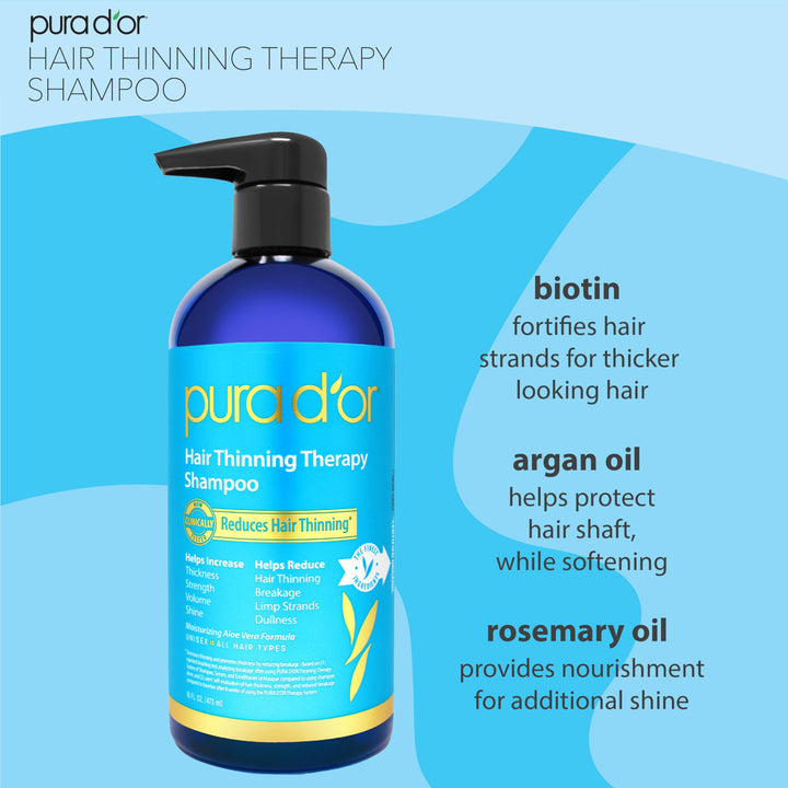 PURA D'OR 16 Oz Hair Thinning Therapy Biotin Shampoo - ORIGINAL Scent - CLINICALLY TESTED Effective Results, Herbal DHT Blocker Hair Thickening Products For Women & Men, Color Safe Routine Shampoo