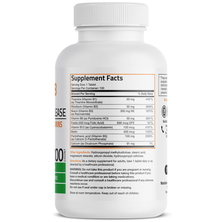 Bronson Super B Vitamin B Complex Sustained Slow Release (Vitamin B1, B2, B3, B6, B9 - Folic Acid, B12) Contains All B Vitamins 100 Tablets