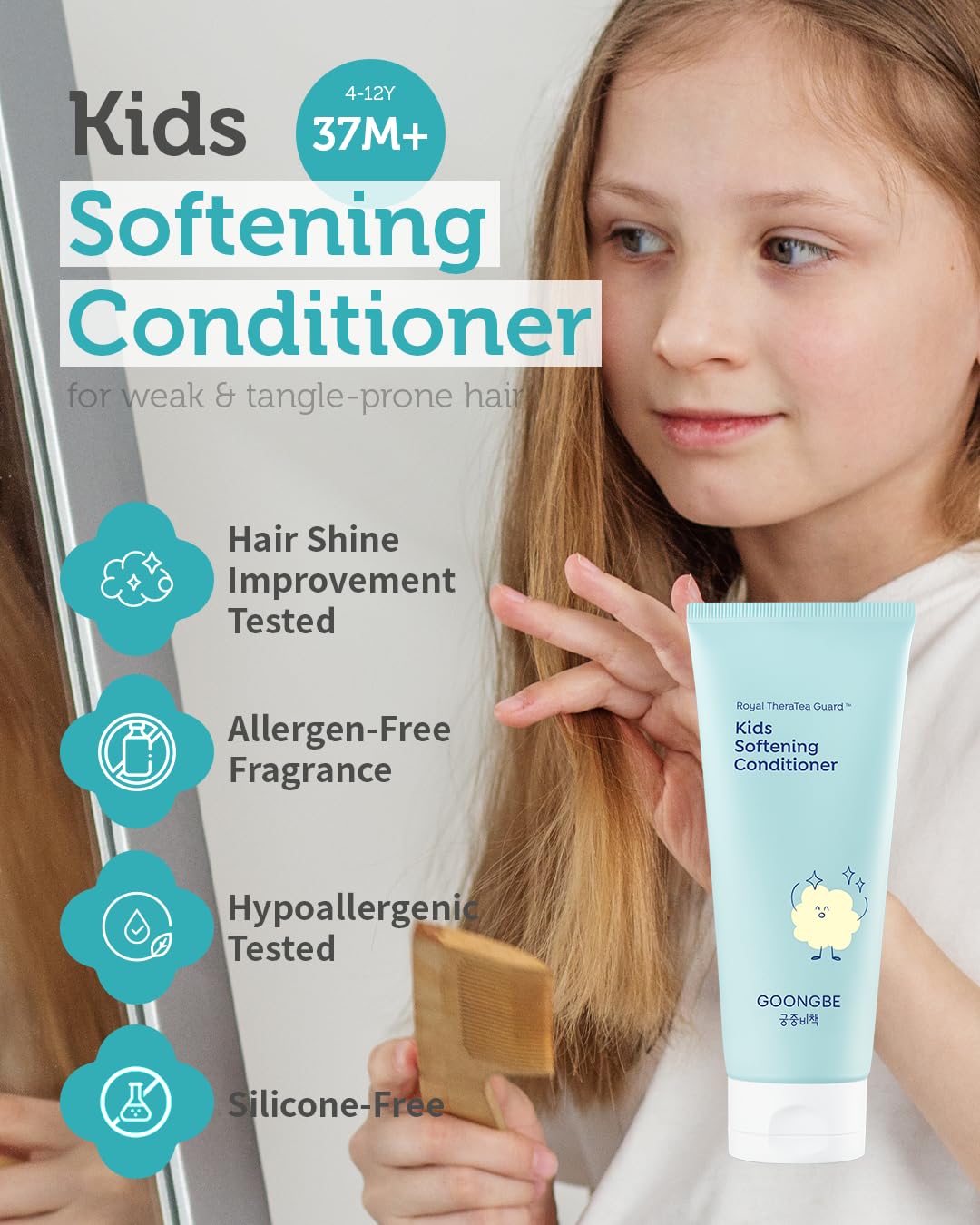 GOONGBE Kids' Softening Hair Conditioner - Korean Kids Glossy Hair Conditioner for Weak, Frizzy and Tangle Prone Hair - Silicone-Free Formula - Allergen Free Scent, 6.76oz.
