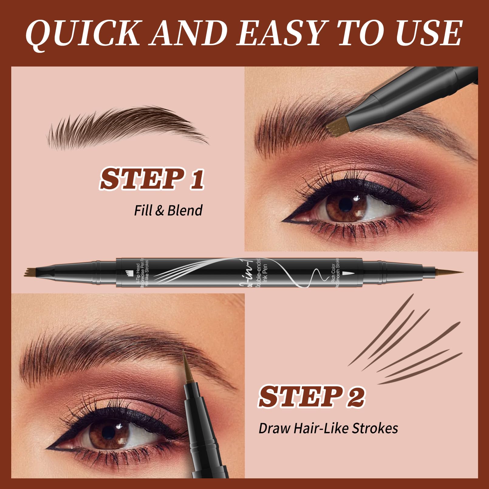 9706 2-in-1 Double-Ended Liquid Eyebrow Pen, 4 Tip Head& 1 Tip Ultra Fine Eyebrow Pen,Easily Draw Realistic Eyebrows, 4 Color, Waterproof (2#Dark Brown)