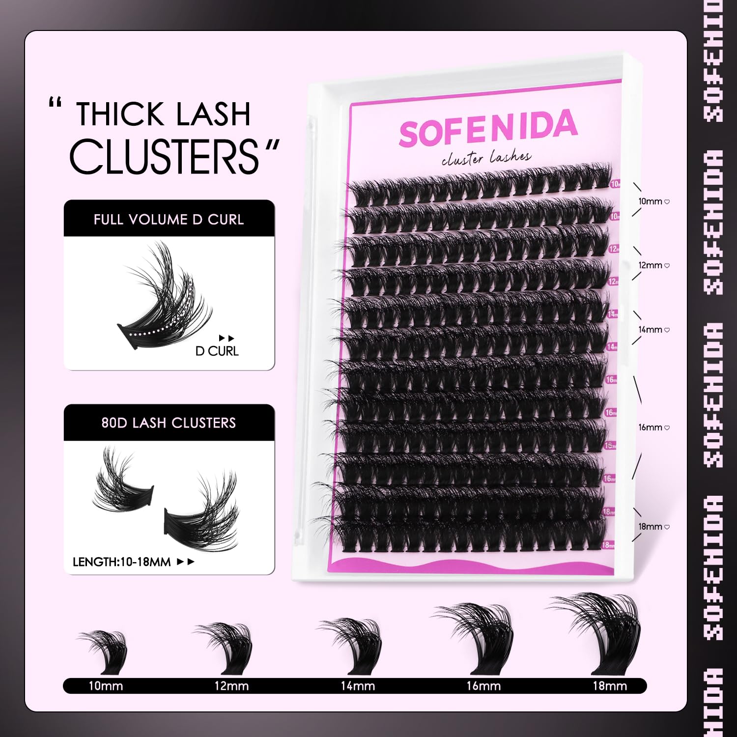 SOFENIDA Lash Clusters Kit 100D Thick Cluster Lashes 10-18mm Volume Eyelash Clusters D Curl Cluster Eyelash Extensions 3D Wispy Lash Clusters DIY Lash Extension Kit(100D-10-18MIX Thick Kit)