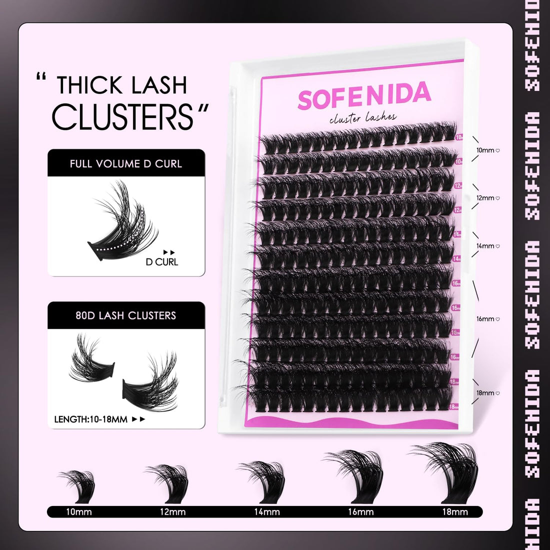 SOFENIDA Lash Clusters Kit 100D Thick Cluster Lashes 10-18mm Volume Eyelash Clusters D Curl Cluster Eyelash Extensions 3D Wispy Lash Clusters DIY Lash Extension Kit(100D-10-18MIX Thick Kit)