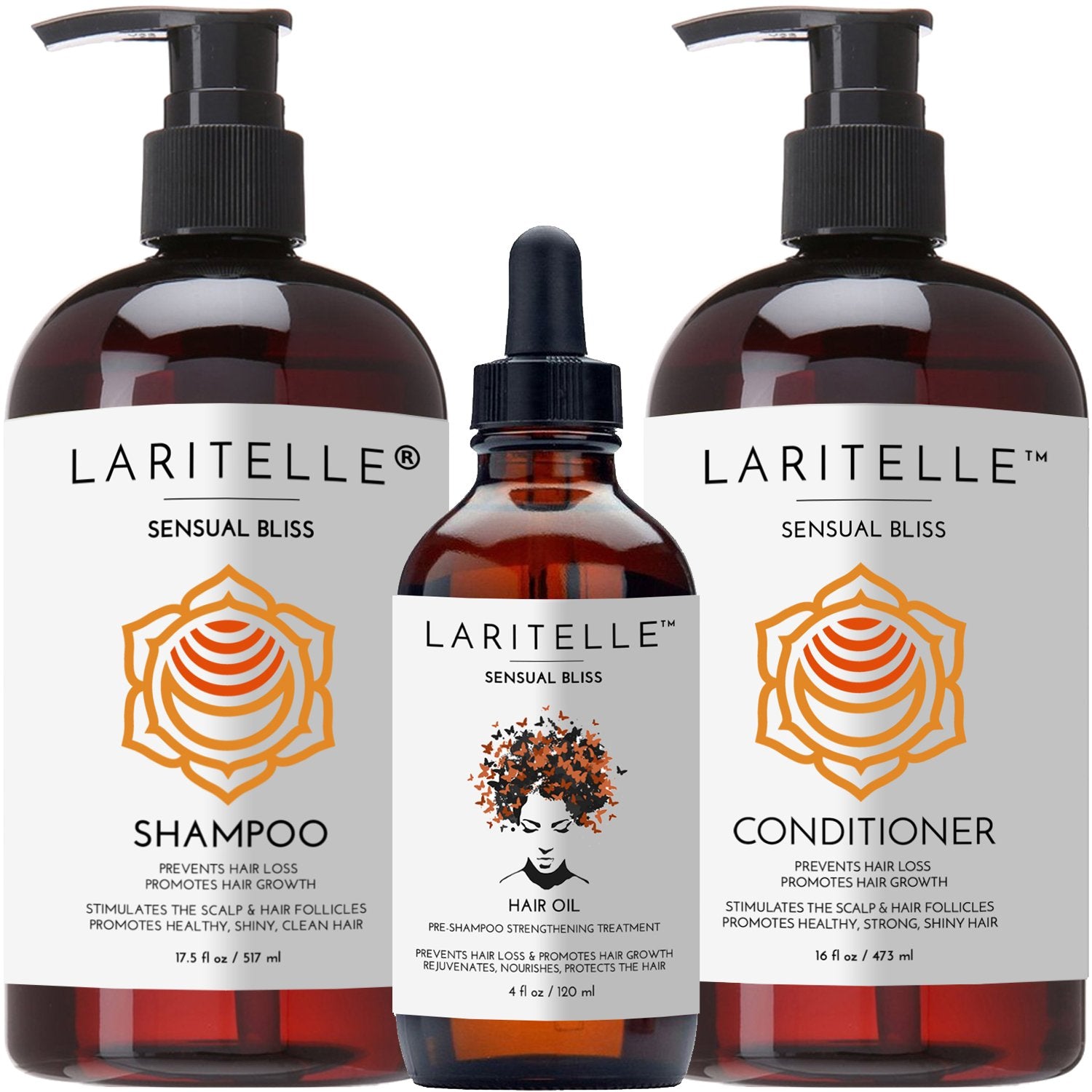 Laritelle Organic Hair Growth Set | Shampoo 16 oz + Conditioner 16 oz + Hair Loss Treatment 4 oz | Argan Oil, Rosemary, Palmarosa & Orange | NO GMO, Sulfates, Gluten, Alcohol, Parabens, Phthalates