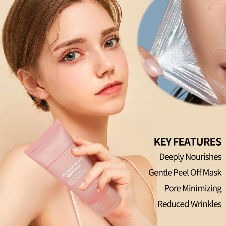 2025 Collagen Overnight Wrapping Peel Off Facial Mask with Jelly Brush, Elasticity & Hydration, Natural Ingredients for Firmer Skin, Reduces Sagging & Dullness, Korean Skin Care(75ml, 2.54 fl.oz)