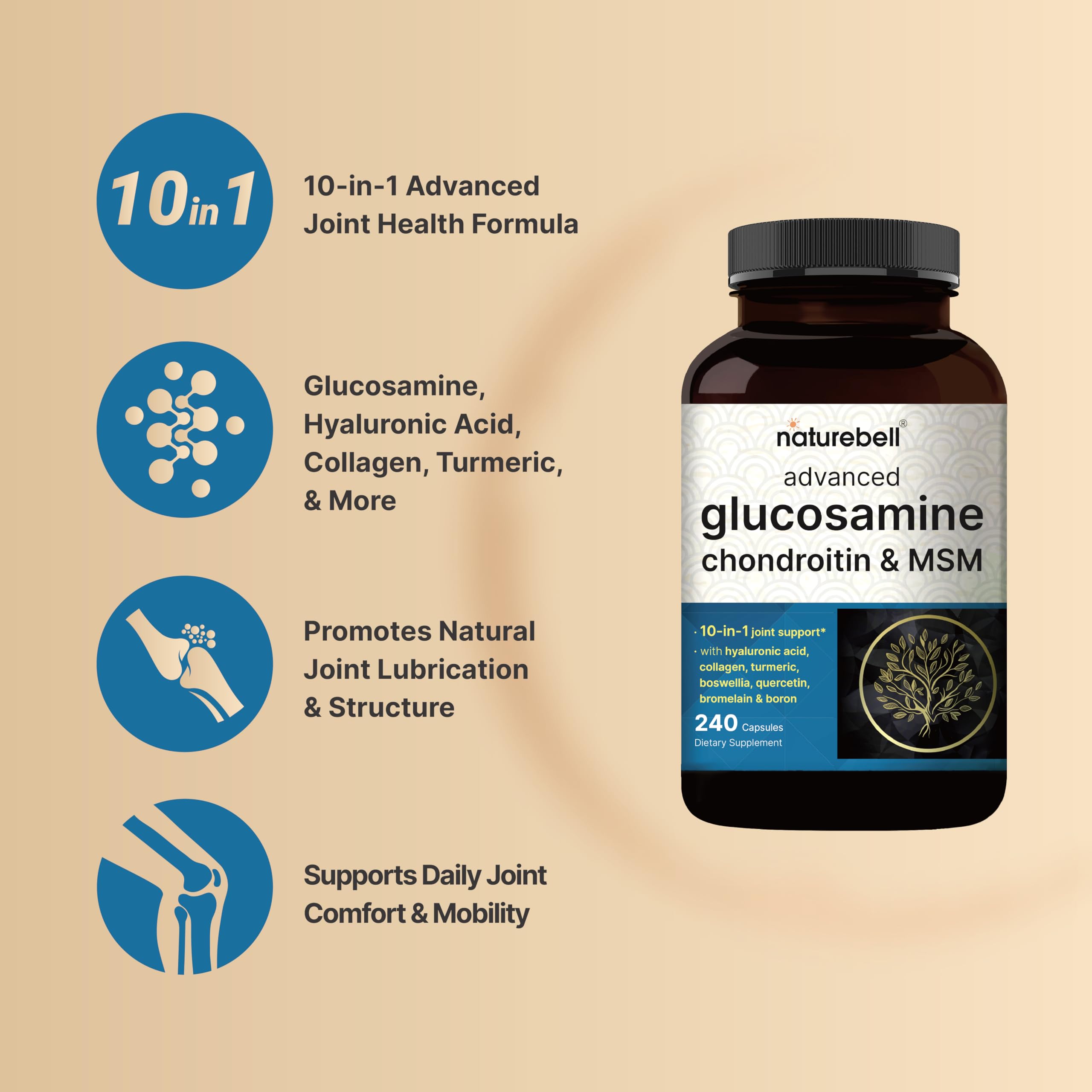 Advanced Glucosamine Chondroitin MSM Supplement, 240 Capsules | 10-in-1 Joint Support Complex – with Hyaluronic Acid, Collagen, Turmeric, Boswellia, & More – Non-GMO