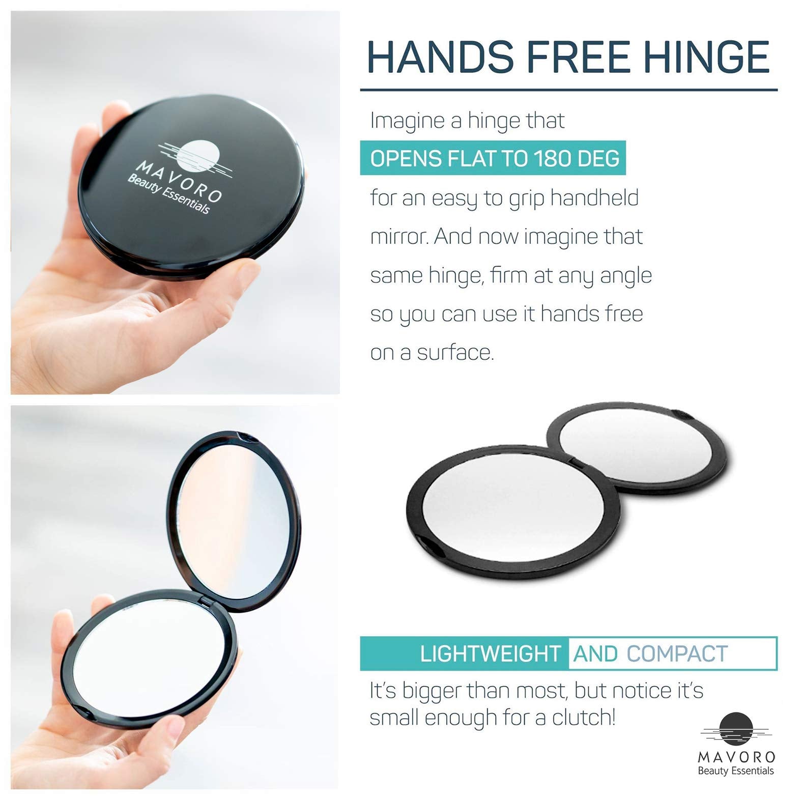 Magnifying Compact Mirror for Purses, 1x/10x Magnification – Double Sided Travel Makeup Mirror, 4 Inch Small Pocket or Purse Mirror. Distortion Free Folding Portable Compact Mirrors (Black)
