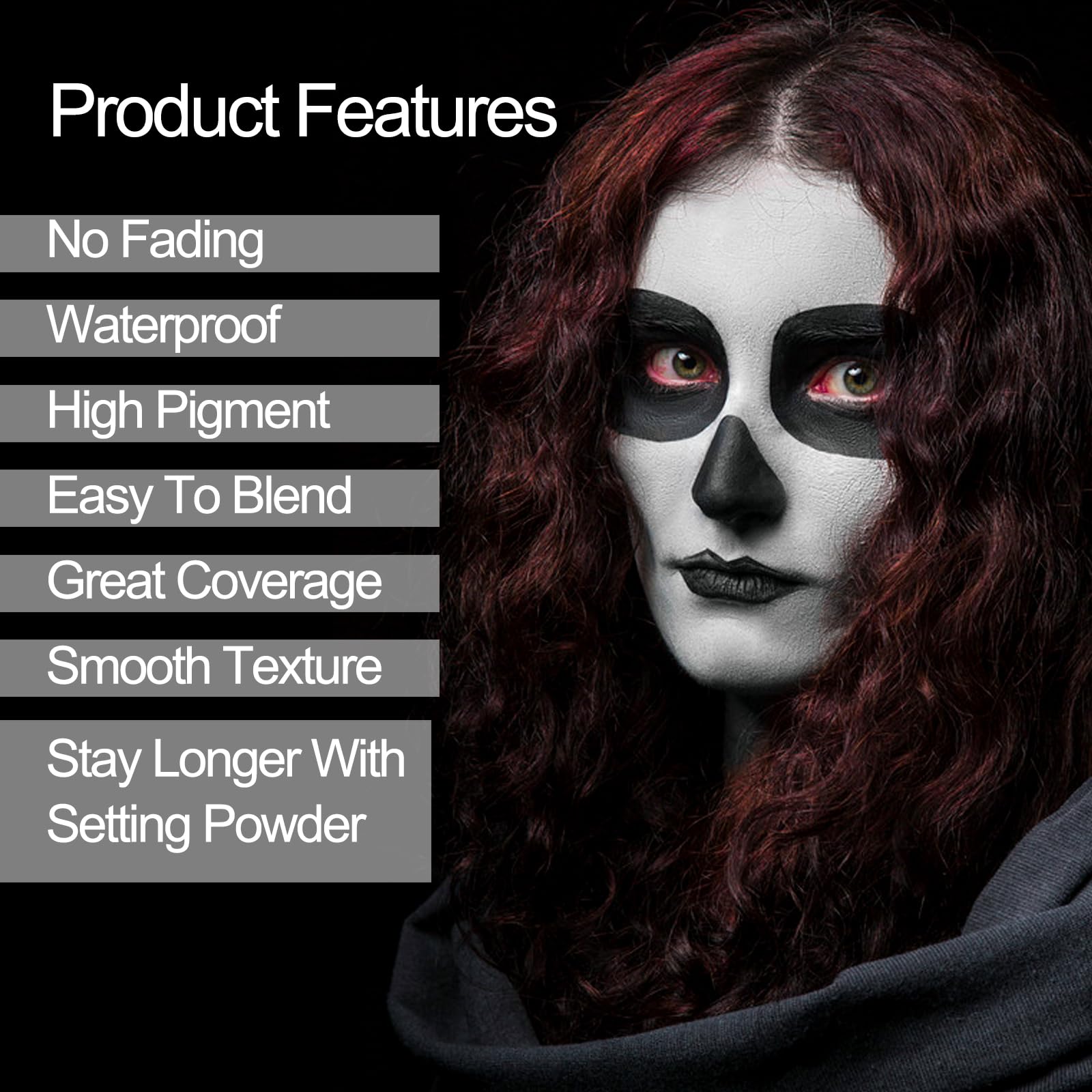 MEICOLY 3PCS Black White Light Grey Face Body Paint Stick,Halloween Zombie Skeleton Makeup Face Paint,Clown White Makeup SFX Cosplay for Adults and Kids,Eye Black Stick for Baseball & Softball