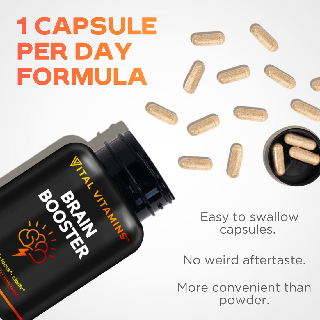 Vital Vitamins Brain Supplements for Memory & Focus - Nootropics Brain Support for Clarity, & Energy - with Ginkgo Biloba, Rhodiola Extract - 30 Capsules