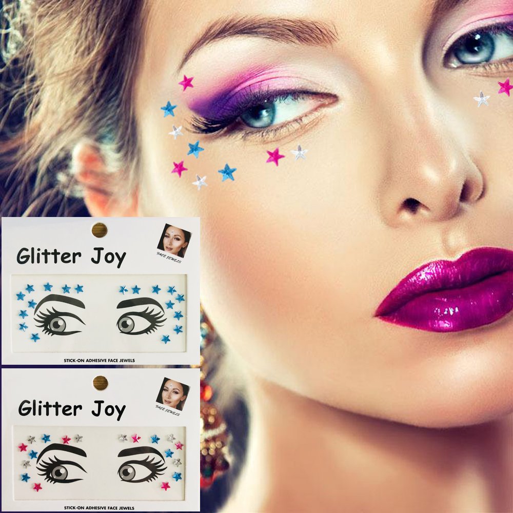Leoars 2 Sets Eye Corners Face Jewels Blue Stars Bindi Rhinestone Festival Decorations Jewels Body Glitter Crystal Sticker Temporary Tattoo