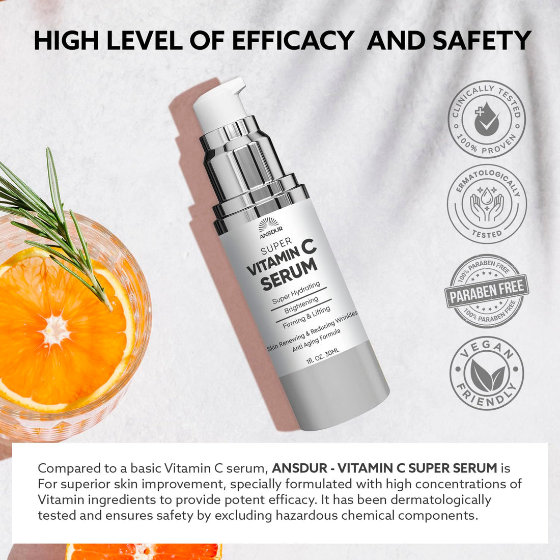 ANSDUR Super Vitamin C Serum for Women over 70: Hyaluronic Acid Serum for Face, Dark Spot Remover and Wrinkle Reduction - Lifting, Smoothing, Moisturizing, All in One Skin Care Formula, 1 fl oz